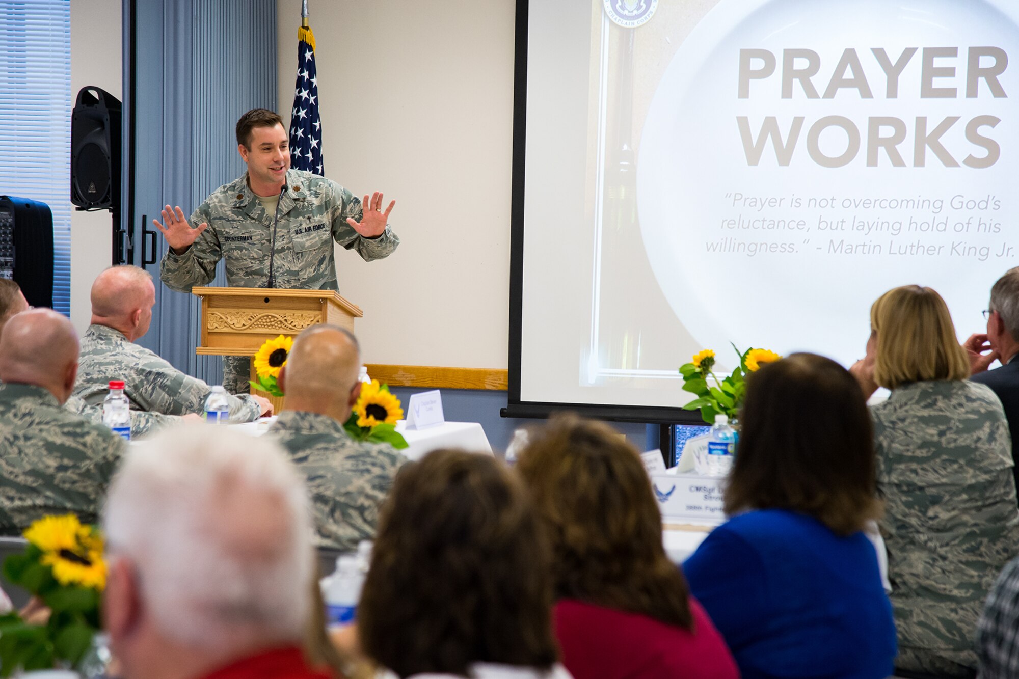 Chaplain (Maj.) Lukus Counterman, a reservist assigned to the base chapel, speaks during a Spiritual Maintenance breakfast at Hill Air Force Base, Utah, Sept. 22, 2016. Dozens of Team Hill military and civilian personnel gathered at the base chapel for fellowship, breakfast and spiritual maintenance. (U.S. Air Force photo by R. Nial Bradshaw)