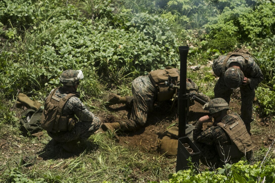 Marines fire an 81 mm mortar during training on Farallon de Medinilla Range, Northern Mariana Islands, Sept. 16, 2016. Marine Corps photo by Staff Sgt. T.T. Parish