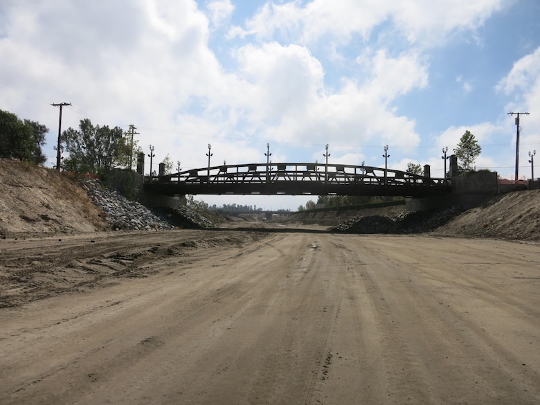 Main Street Bridge crosses ongoing work for the Murrieta Creek Flood Risk Reduction Project in Temecula, California. The project consists of nearly 4,300 of channel improvements extending from downstream of First Street Bridge to the downstream of Rancho California road. 