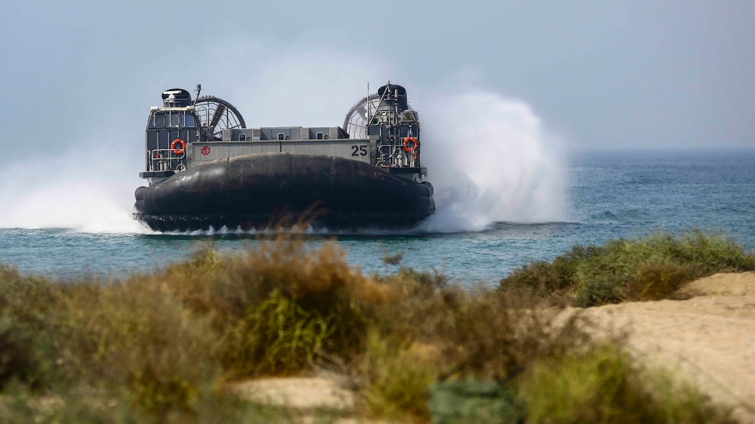 A U.S. Navy Landing Craft Air Cushioned with Assault Craft Unit 4 transports U.S. and international citizens during a bilateral non-combatant evacuation exercise at the U.S. Embassy, Muscat, Oman, Sept. 21, 2016. The non-combatant evacuation exercise is an opportunity for the United States and Oman to practice a bilateral mission of quickly providing security and safety to U.S. and international citizens abroad during a natural disaster or contingency. 