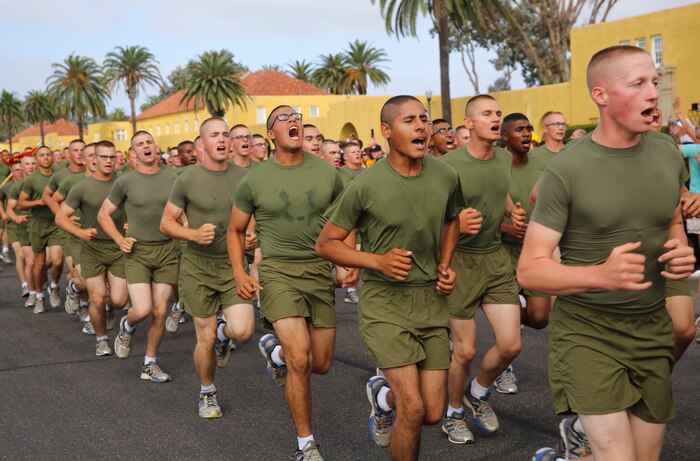 Marines of Fox Company, 2nd Recruit Training Battalion, run in formation during their motivational run at Marine Corps Recruit Depot San Diego, Sept. 22. After the Marines graduate recruit training, they receive 10 days of leave before reporting to the School of Infantry at Marine Corps Base Camp Pendleton, Calif. Annually, more than 17,000 males recruited from the Western Recruiting Region are trained at MCRD San Diego. Fox Company is scheduled to graduate Sept. 23.