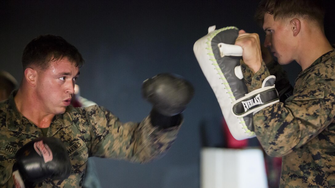 U.S. Marines and Romanian soldiers spar during a martial arts instructor course at Mihail Kogălniceanu Air Base, Romania, Sept. 21, 2016. The Black Sea Rotational Force is an annual multilateral security cooperation deployment in the Black Sea, Balkan and Caucasus regions designed to enhance participants’ collective professional military capacity, promote regional stability and build enduring relationships with partner nations.