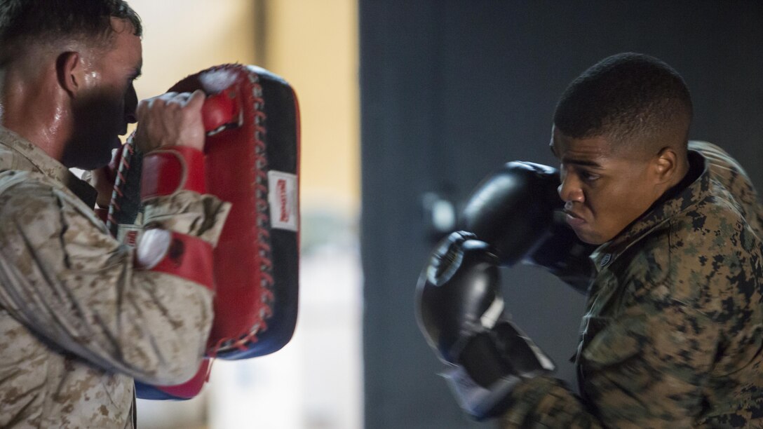 U.S. Marines and Romanian soldiers spar during a martial arts instructor course at Mihail Kogălniceanu Air Base, Romania, Sept. 21, 2016. The Black Sea Rotational Force is an annual multilateral security cooperation deployment in the Black Sea, Balkan and Caucasus regions designed to enhance participants’ collective professional military capacity, promote regional stability and build enduring relationships with partner nations.