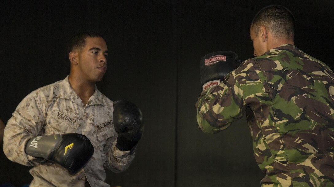 U.S. Marines and Romanian soldiers spar during a martial arts instructor course at Mihail Kogălniceanu Air Base, Romania, Sept. 21, 2016. The Black Sea Rotational Force is an annual multilateral security cooperation deployment in the Black Sea, Balkan and Caucasus regions designed to enhance participants’ collective professional military capacity, promote regional stability and build enduring relationships with partner nations.