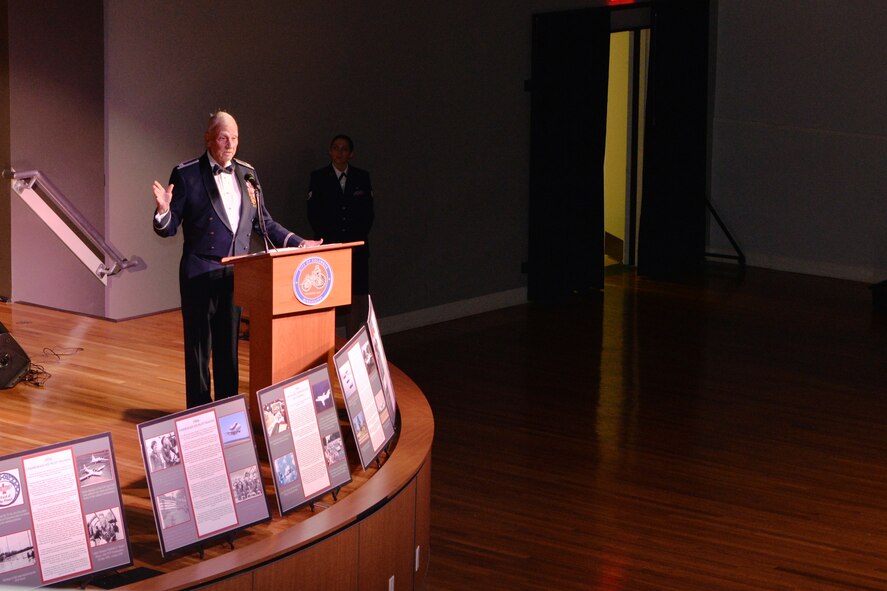 Retired Col. Carlyle “Smitty” Harris, Vietnam F-105 pilot and former POW, speak to attendees during 69th Air Force Birthday Ball Sept. 17 at the Trotter Convention Center in Columbus, Mississippi. On April 4, 1965, while on a combat mission, Harris’ F-105 aircraft was hit and he was forced to bail out over enemy territory. He was captured immediately and spent the next eight years as a POW in various prisons where he was confined, mistreated, and tortured. He is credited with introducing the tap code to POW’s so that they could communicate between cells. (U.S. Air Force photo by Richard Johnson)