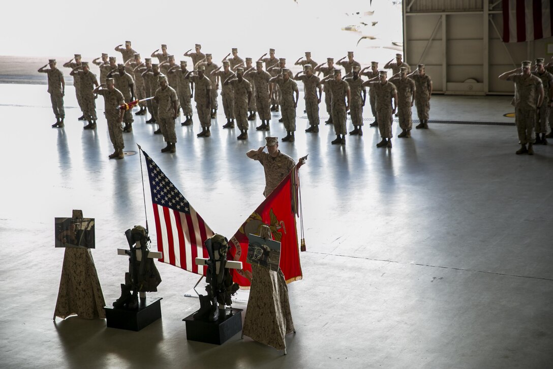 Marine Aircraft Group 49, 4th Marine Aircraft Wing, held a memorial ceremony Sept. 18, 2016, at Naval Air Station Joint Reserve Base New Orleans, La., to honor two fallen pilots from their unit. Maj. Erik A. Boyce and Maj. Jason Grogan were killed July 6, 2016, when the Bell 525 helicopter they were piloting crashed near Arlington, Texas. Grogan and Boyce were both assigned to Marine Light Attack Helicopter Squadron 773, Detachment A, at NAS JRB New Orleans at the time of their deaths. 