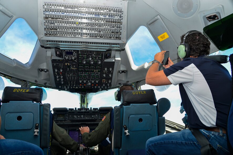 Todd Ewald, 436th Aircraft Maintenance Squadron honorary commander, takes a picture of a KC-135A Stratotanker assigned to the 171st Air Refueling Wing, Pittsburgh International Airport, Pa., during mid-air refueling operations Sept. 21, 2016, out of Dover Air Force Base, Del. Ewald was on an incentive flight during the refueling operations as part of the honorary commanders 436th Operations Group Tour. (U.S. Air Force photo by Senior Airman William Johnson)