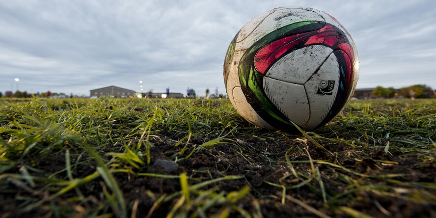 A soccer ball sits on the field during the intramural soccer championship tournament at Minot Air Force Base, N.D., Sept. 21, 2016. The 5th Maintenance Squadron came out on top out of the 13 squadrons that started the season. (U.S. Air Force photo/Airman 1st Class J.T. Armstrong)
