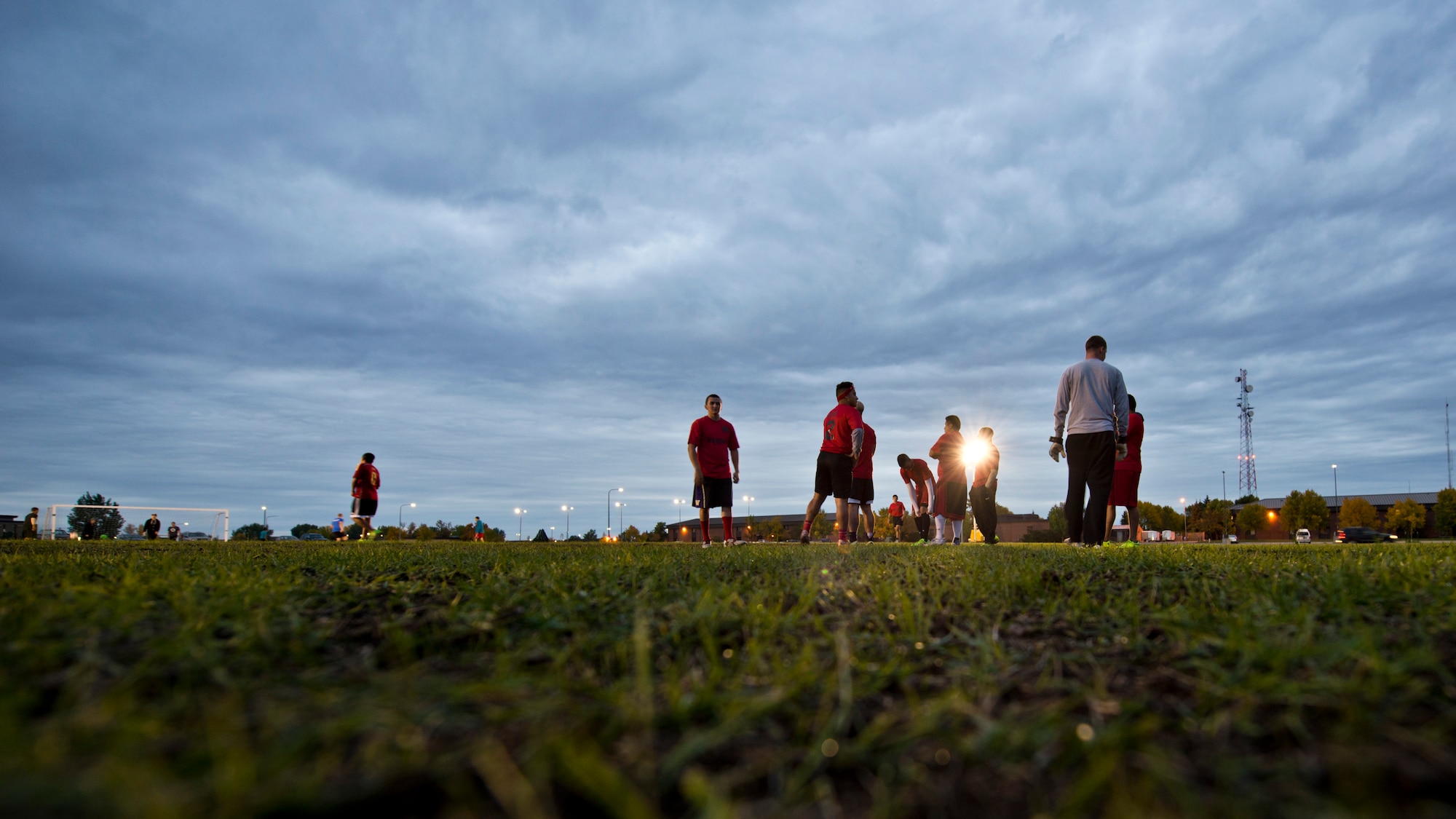 Members of the 91st Missile Security Forces Squadron prepare for the final game during the intramural soccer championship tournament at Minot Air Force Base, N.D., Sept. 21, 2016. The 91st MSFS faced the 5th Maintenance Squadron for the intramural soccer trophy. (U.S. Air Force photo/Airman 1st Class J.T. Armstrong) 