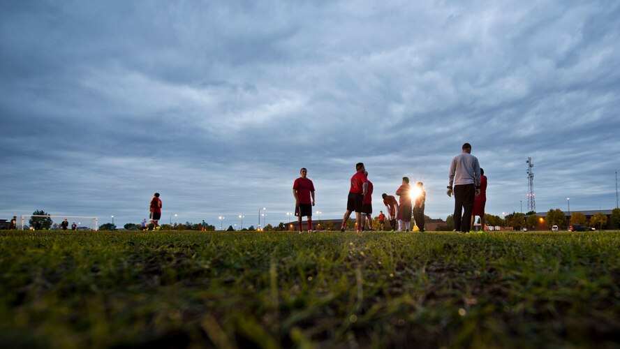 Members of the 91st Missile Security Forces Squadron prepare for the final game during the intramural soccer championship tournament at Minot Air Force Base, N.D., Sept. 21, 2016. The 91st MSFS faced the 5th Maintenance Squadron for the intramural soccer trophy. (U.S. Air Force photo/Airman 1st Class J.T. Armstrong) 