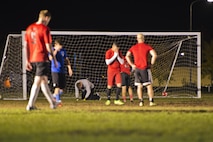 Members of the 91st Missile Security Forces Squadron (red) recover after a goal scored by the 5th Maintenance Squadron during the final game of the intramural soccer championship at Minot Air Force Base, N.D., Sept. 21, 2016. The 91st MSFS earned 2nd place out of the 13 teams that started the season. (U.S. Air Force photo/Airman 1st Class J.T. Armstrong) 