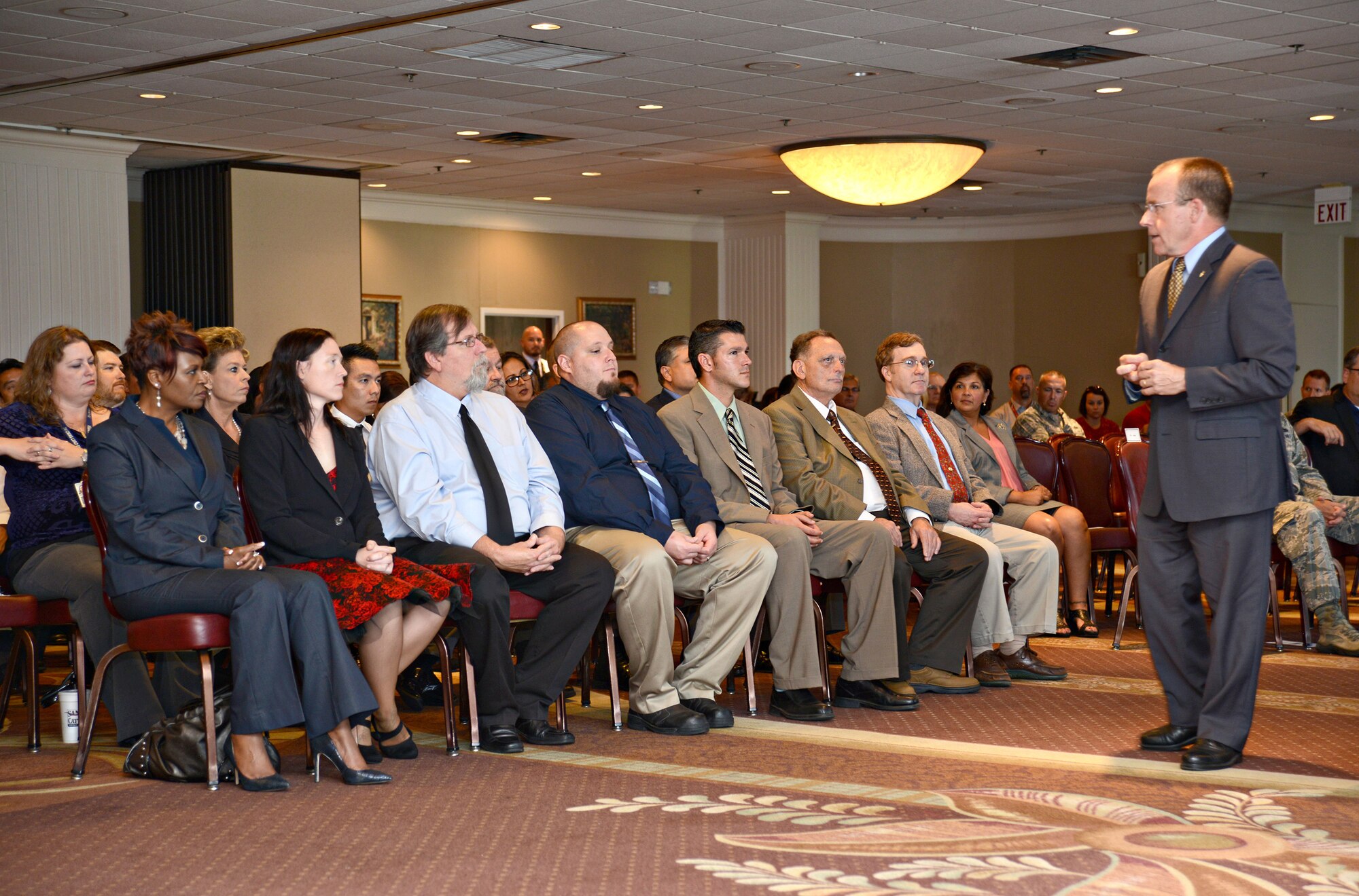 Air Force Sustainment Center Executive Director Mr. Jeffrey Allen speaks to the 97 graduates of the Emerging Supervisor Development Program during the Sept. 9 graduation ceremony. (Air Force photo by Kelly White)
