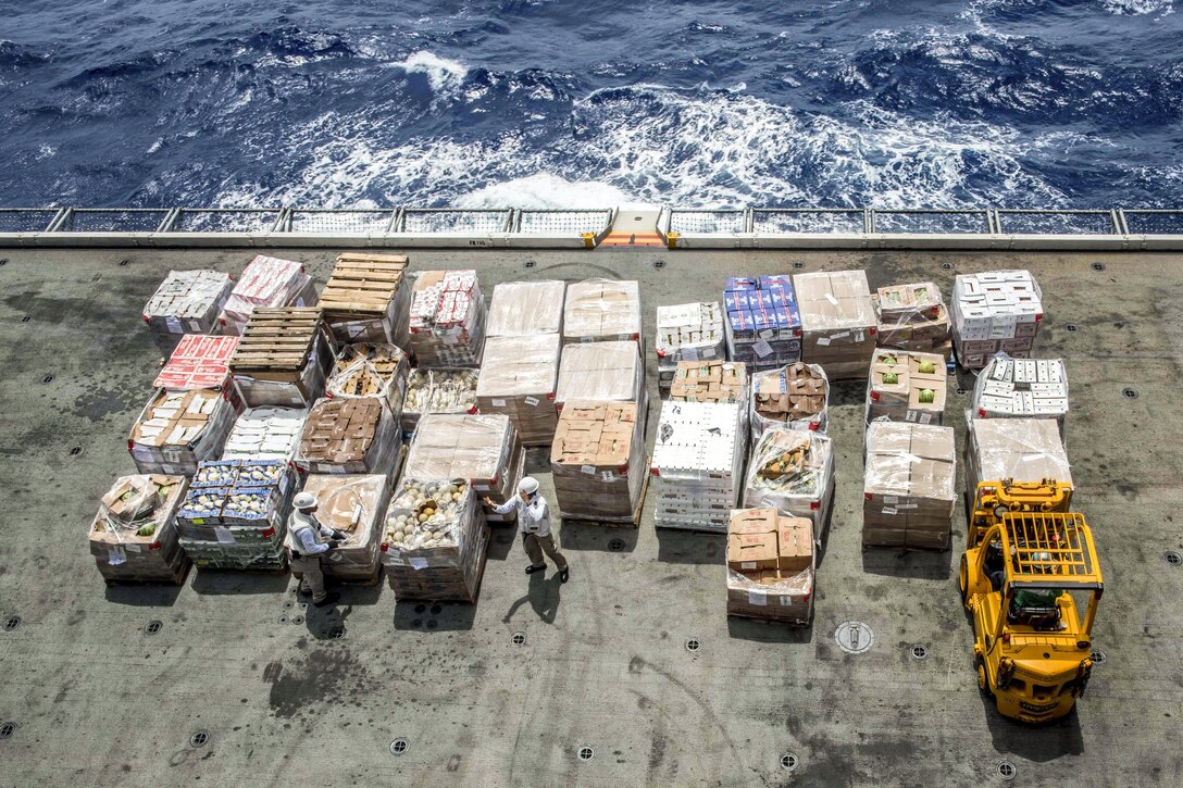 Sailors inventory supplies to prepare for a replenishment on the USS Ronald Reagan in the Philippine Sea, Sept. 23, 2016. The Reagan is participating in Valiant Shield, a biennial exercise focusing on integrating joint training among U.S. forces. Navy photo by Petty Officer 3rd Class Nathan Burke
