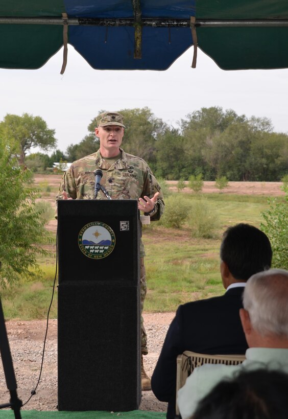 ALBUQUERQUE, N.M. – Albuquerque District commander Lt. Col. James Booth speaks at the ribbon cutting ceremony celebrating the completion of the Southwest Valley Flood Damage Reduction Project, Sept. 20, 2016.