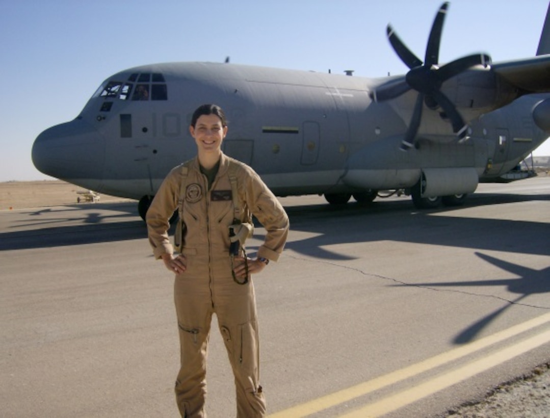 Maj. Janine Garner stands in front of a KC-130J. Now, stationed aboard Marine Corps Air Station Cherry Point, N.C as the Personnel Support Detachment 14 commanding officer with Marine Aircraft Group 14, Garner to leads her Marines with enthusiasm.