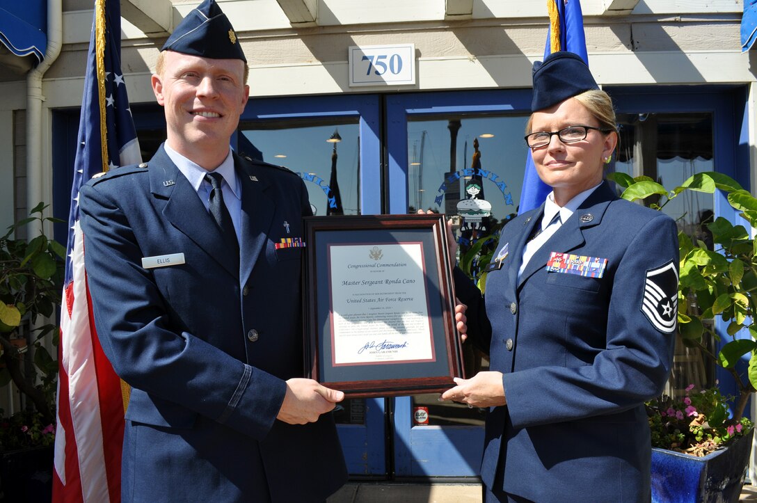 Master Sgt. Rhonda Cano closes out 25 years in the Air Force with a retirement ceremony on the Suisun City waterfront Sept. 16, 2016. She was assigned to the 349th Air Mobility Wing Recruiting Squadron, under the Western Recruiting Squadron, March Air Reserve Base, California. Cano spent most of her career as a successful recruiter, working in several areas, including officer accessions. She is credited with bringing three current chaplains into the 349th AMW – Chaplain (Maj) Matthew Ellis, Chaplain (Maj) Glenn Lundberg and Chaplain (Capt) Kemuel Bellows, who credits her directly with his decision to join the Air Force Reserve. Special guests were Cano’s family from Oklahoma, her husband and three children. She said she looks forward to spending more time with her family, and not missing school activities, and PTA meetings. (U.S. Air Force photos/Ellen Hatfield/released)