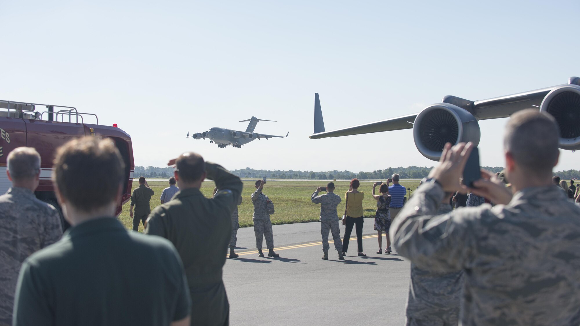 A C-17A Globemaster III lands on runway 01-19 during a ribbon cutting ceremony Sept. 23, 2016, on Dover Air Force Base, Del. The C-17 was the second aircraft to land on the newly renovated runway after a C-5M Super Galaxy. (U.S. Air Force photo by Staff Sgt. Jared Duhon)
