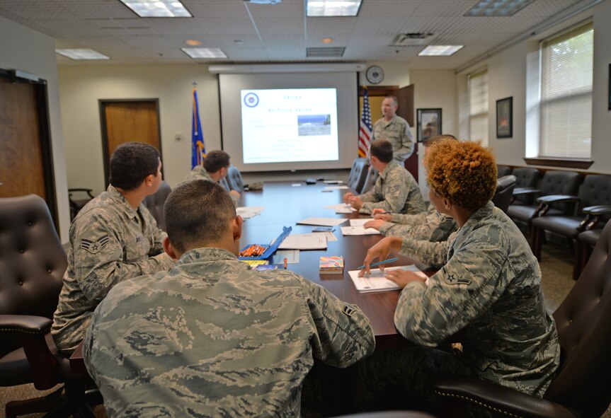 Air Commandos with the 1st Special Operations Logistics Readiness Squadron listen to a resiliency brief as part of the Preservation of the Force and Family, or POTFF, resilience week at Hurlburt Field, Fla., Sept. 19, 2016. This training is designed to provide reintegration and resilience training to 1st Special Operations Mission Support Group Air Commandos who deploy in small groups instead of large groups like other squadrons. (U.S. Air Force photo by Senior Airman Andrea Posey)