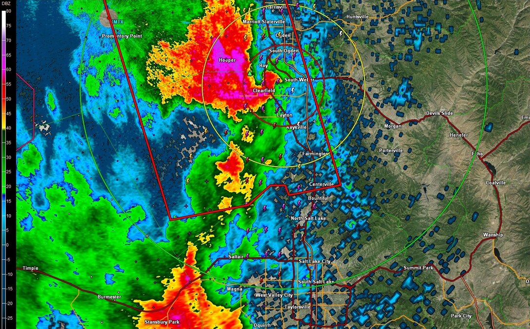 This "base reflectivity" image shows weather conditions around Hill Air Force Base at 3:42 p.m., Sept. 22. The yellow and red are areas of heavy rain, while the purple usually indicates hail. (Image provided by 75th Operations Support Squadron)