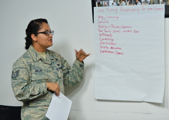 Tech. Sgt. Nitzia Millis, NCO in charge of the CV-22 Osprey aircraft parts store for the 1st Special Operations Logistics Readiness Squadron, participates in a relationship exercise during the “How to Not Marry a Jerk” class at Hurlburt Field, Fla., Sept. 22, 2016. The class focused on the importance of being selective when choosing a life partner. (U.S. Air Force photo by Senior Airman Andrea Posey)