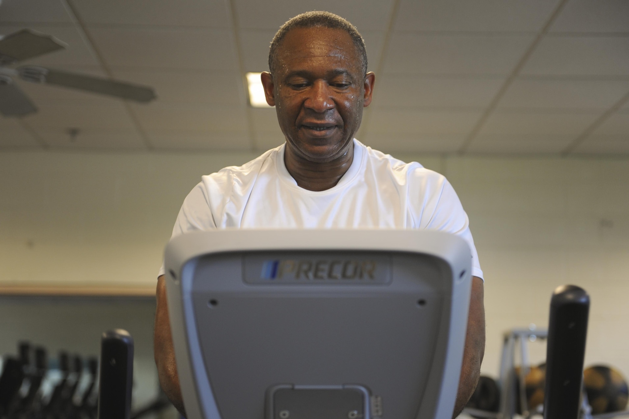 Retired Lt. Col. Carl Williams uses an elliptical at Hurlburt Field, Fla., Sept. 22, 2016. Retirees and dependents are now allowed to have 24/7 gym access to the Commando Fitness Center. (U.S. Air Force photo by Airman Dennis Spain)
