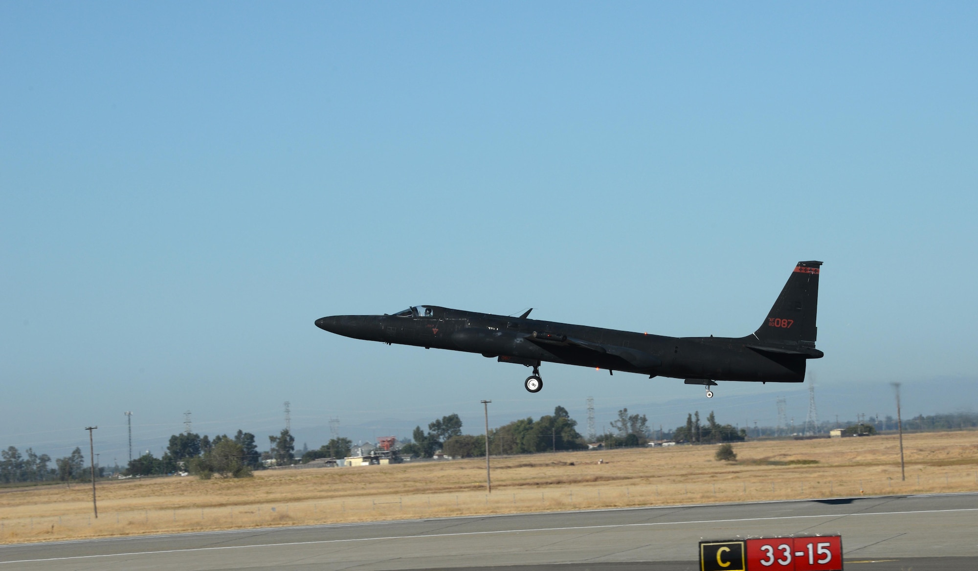 A U-2 Dragon Lady takes off signifying the return to normal flying operations Sept. 23, 2016, at Air Force Base, California after an incident near the Sutter Buttes Sept. 20, 2016. Beale Air Force Base will continue providing high-altitude intelligence, surveillance, and reconnaissance to combatant commanders. (U.S. Air Force photo/Airman Tristan D. Viglianco)