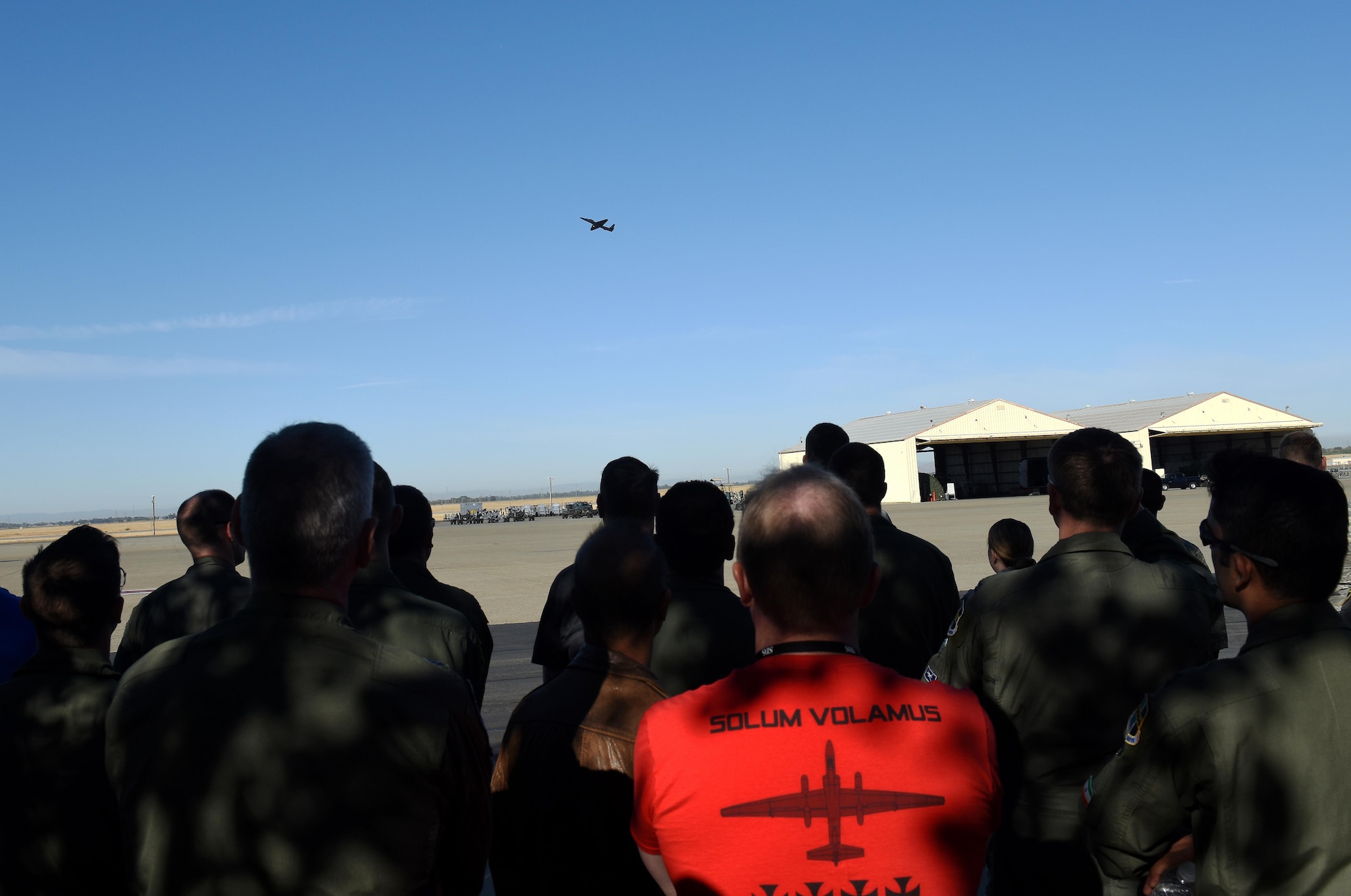 Members of Team Beale gather near the flightline to witness the return of the U-2 Dragon Lady to normal flying operations after an incident near the Sutter Buttes, Sept. 23, 2016, at Beale Air Force Base, California. The relaunch of the U-2 took place at 9:01 a.m.; the significance of the nine as the 9th Reconnaissance Wing and the one as the 1st Reconnaissance Squadron. (U.S Air Force photo/ 1st Lt. Clay Lancaster)