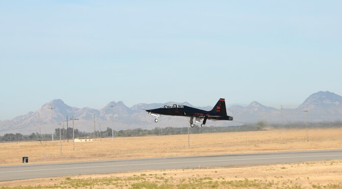 A T-38 Talon from the 9th Reconnaissance Wing takes off at Beale Air Force Base, Calif., Sept. 23, 2016. The T-38 flew in a formation to honor the pilot who died during a U-2 Dragon Lady incident that took place near the Sutter Buttes Sept. 20, 2016. Today's flights signified the U-2s from the 1st Reconnaissance Squadron returning to normal flight operations. (U.S. Air Force photo by Airman Tristan D. Viglianco)