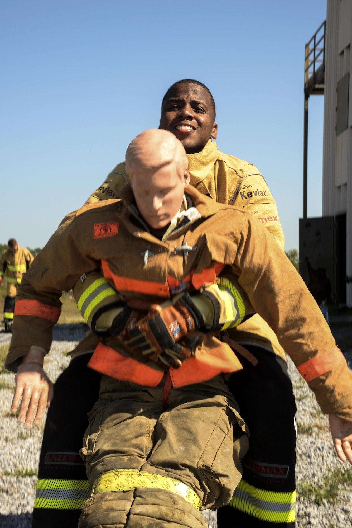 Staff Sgt. Jeffrey Brown, Maxwell firefighter, drags a 175-pound dummy while training for the upcoming competition, Sept. 16, 2016, Maxwell Air Force Base, Ala. The 25th annual Scott Firefighter Combat Challenge will be held from Oct. 24 – 29, 2016, in Montgomery, Ala. (U.S. Air Force photo/ SrA Alexa Culbert)