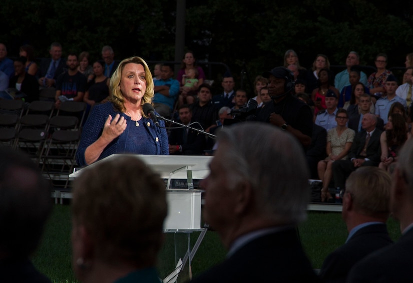 Secretary of the Air Force Deborah Lee James speaks during the 2016 U.S. Air Force Tattoo at Joint Base Anacostia-Bolling, Washington, D.C., Sept. 22, 2016. Distinguished visitors who attended the event included NATO Air Chiefs, Air Force Chief of Staff Gen. David L. Goldfein, and members representing the Tuskegee Airmen, Doolittle Raiders and Women Service Pilots. 