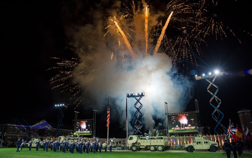 Fireworks go off during the 2016 U.S. Air Force Air Force Tattoo at Joint Base Anacostia-Bolling, Washington, D.C., Sept. 22, 2016. As part of the event’s finale, the U.S. Air Force Band’s premier rock band, Max Impact, sang a song titled “Freedom” to the music played by the Air Force Ceremonial Brass. 