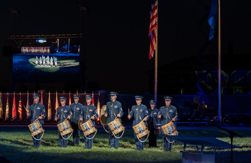 Members of the U.S. Air Force Band play a percussion solo during the 2016 U.S. Air Force Tattoo at Joint Base Anacostia-Bolling, Washington, D.C., Sept. 22, 2016. The band performed a composition called “Muster” for the ceremony, which also had a celebration of music, drill and ceremony, aircraft, and fireworks on the Air Force Ceremonial Lawn.