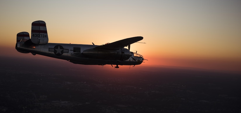 A B-25 Mitchell flies over the National Capital Region for a military tattoo held at Joint Base Anacostia-Bolling, Washington, D.C., Sept. 22, 2016. The B-25 was part of the “Warbirds” tribute flight participating in the 2016 U.S. Air Force Tattoo celebrating the 69th birthday of the U.S. Air Force. 