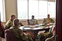 Army Reserve Command Sgt. Maj. James Wills, left, Command Sergeant Major, U.S. Army Reserve, meets with command sergeants major from First Army and 85th Support Command formations on the eve of the command's Command Readiness Review (CR2) brief to U.S. Army Reserve Command senior leaders, September 23, 2016. CR2 integrates elements from Operation Full Court Press, Precision Readiness Initiative, Mission Training Brief, -- and provides a comprehensive annual review session for the USARC senior leadership team. Under the unique partnership that the 85th SPT CMD and First Army share, the 85th is responsible for the readiness of the assigned 46 reserve battalions operationally controlled by First Army across the United States.
(Photo by Mr. Anthony L. Taylor)