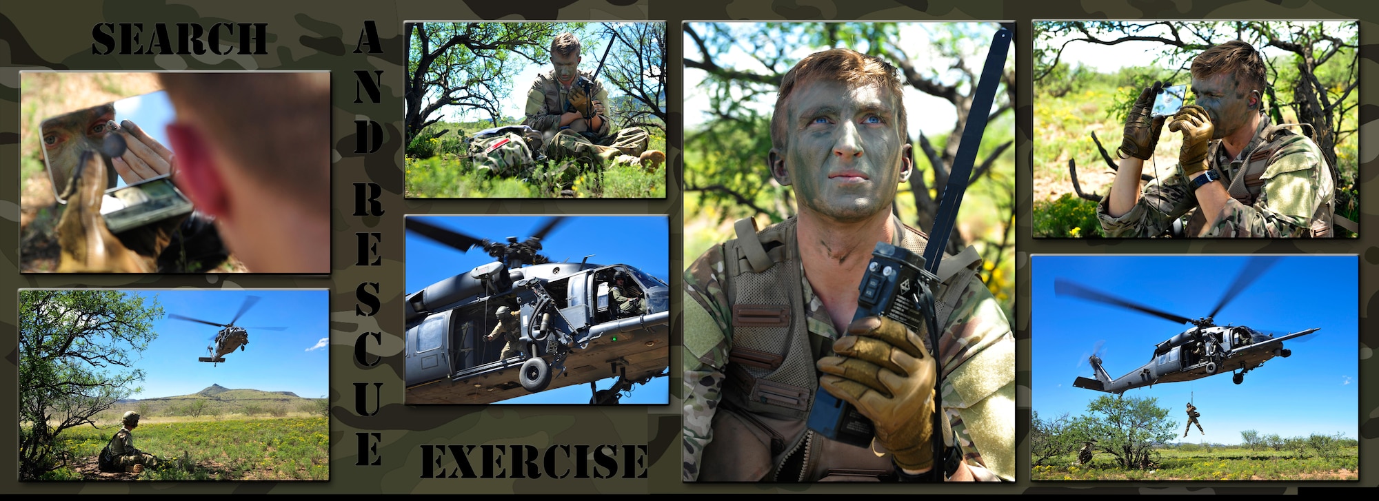 U.S. Air Force 1st Lt. Jaron Jablonski, 55th Rescue Squadron HH-60G Pave Hawk co-pilot, participated in a search and rescue exercise at Outlaw/Jackal military operations area in southeastern Ariz., Sept. 15, 2016. During the exercise, Jablonski played the role of an ejected pilot near enemy forces who must incorporate skills used from survival, evasion, resistance and escape until rescue assets arrive. In order to be found, Jablonski had to remain in constant communication with rescue assets and coordinate with the 55th Rescue Squadron to execute a successful extraction. (U.S. Air Force illustration by Senior Airman Cheyenne A. Powers)