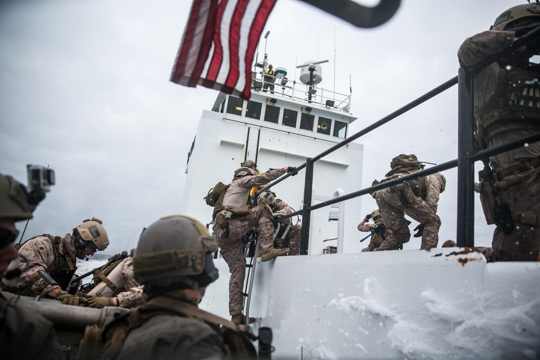 AT SEA, Pacific Ocean (September 12, 2016) - Marines with Maritime Raid Force, 11th Marine Expeditionary Unit board a simulated enemy vessel during a Visit, Board, Search, and Seizure mission conducted off the coast of San Clemente Island, California, as part of the MEU’s Certification Exercise, Sept. 12, 2016. CERTEX is the final exercise in the MEU’s pre-deployment training cycle, in which they are evaluated in amphibious operation mission sets prior to their upcoming deployment. (US Marine Corps photo by Lance Cpl. Devan K. Gowans/Released)