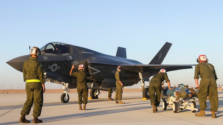 U.S. Marines with Marine Fighter Attack Squadron 121, 3rd Marine Aircraft Wing, conduct the first ever hot load on the F-35B Lightning II in support of Weapons and Tactics Instructor Course 1-17 at Marine Corps Air Station Yuma, Ariz., Sept. 22, 2016. The exercise is part of WTI 1-17, a seven-week training event hosted by Marine Aviation Weapons and Tactics Squadron One cadre. MAWTS-1 provides standardized tactical training and certification of unit instructor qualifications to support Marine Aviation Training and Readiness and assists in developing and employing aviation weapons and tactics.