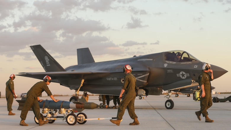 U.S. Marines with Marine Fighter Attack Squadron 121, 3rd Marine Aircraft Wing, conduct the first ever hot load on the F-35B Lightning II in support of Weapons and Tactics Instructor Course 1-17 at Marine Corps Air Station Yuma, Ariz., Sept. 22, 2016. The exercise is part of WTI 1-17, a seven-week training event hosted by Marine Aviation Weapons and Tactics Squadron One cadre. MAWTS-1 provides standardized tactical training and certification of unit instructor qualifications to support Marine Aviation Training and Readiness and assists in developing and employing aviation weapons and tactics.