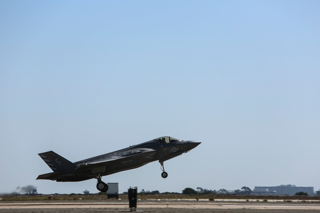 The F-35B Lightning II takes off to begin its demonstration at the 2016 MCAS Miramar Air Show aboard Marine Corps Air Station Miramar, Calif., Sept. 23. The F-35 is slated to take the place of the Marine Corps’ EA-6B Prowlers, AV-8B Harriers and the F/A-18 Hornets. The MCAS Miramar Air Show showcases world-class performers, military flight demonstration teams, the capabilities of the Marine Air-Ground Task Force and celebrates Miramar’s longstanding relationship with the local San Diego community. (U.S. Marine Corps photo by Lance Cpl. Harley Robinson/Released)