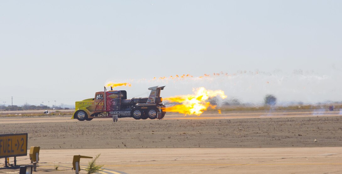 The Shockwave Jet Truck races down the flight line during the 2016 MCAS Miramar Air Show aboard Marine Corps Air Station Miramar, Calif., Sept. 24. The jet truck holds the world record for fastest full-size truck at 376 mph as recorded by the Guinness Book of World Records. The MCAS Miramar Air Show showcases world-class performers, military flight demonstration teams, the capabilities of the Marine Air-Ground Task Force and celebrates Miramar’s longstanding relationship with the local San Diego community. (U.S. Marine Corps photo by Sgt. Brytani Wheeler/Released)