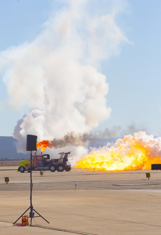 The Shockwave Jet Truck races down the flight line during the 2016 MCAS Miramar Air Show aboard Marine Corps Air Station Miramar, Calif., Sept. 24. The jet truck holds the world record for fastest full-size truck at 376 mph as recorded by the Guinness Book of World Records. The MCAS Miramar Air Show showcases world-class performers, military flight demonstration teams, the capabilities of the Marine Air-Ground Task Force and celebrates Miramar’s longstanding relationship with the local San Diego community. (U.S. Marine Corps photo by Sgt. Brytani Wheeler/Released)