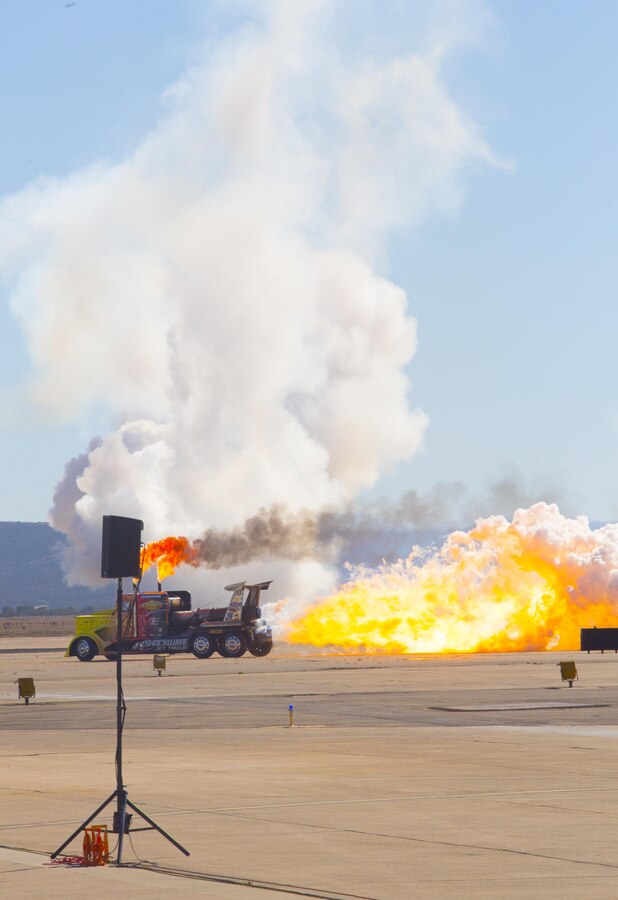 The Shockwave Jet Truck races down the flight line during the 2016 MCAS Miramar Air Show aboard Marine Corps Air Station Miramar, Calif., Sept. 24. The jet truck holds the world record for fastest full-size truck at 376 mph as recorded by the Guinness Book of World Records. The MCAS Miramar Air Show showcases world-class performers, military flight demonstration teams, the capabilities of the Marine Air-Ground Task Force and celebrates Miramar’s longstanding relationship with the local San Diego community. (U.S. Marine Corps photo by Sgt. Brytani Wheeler/Released)