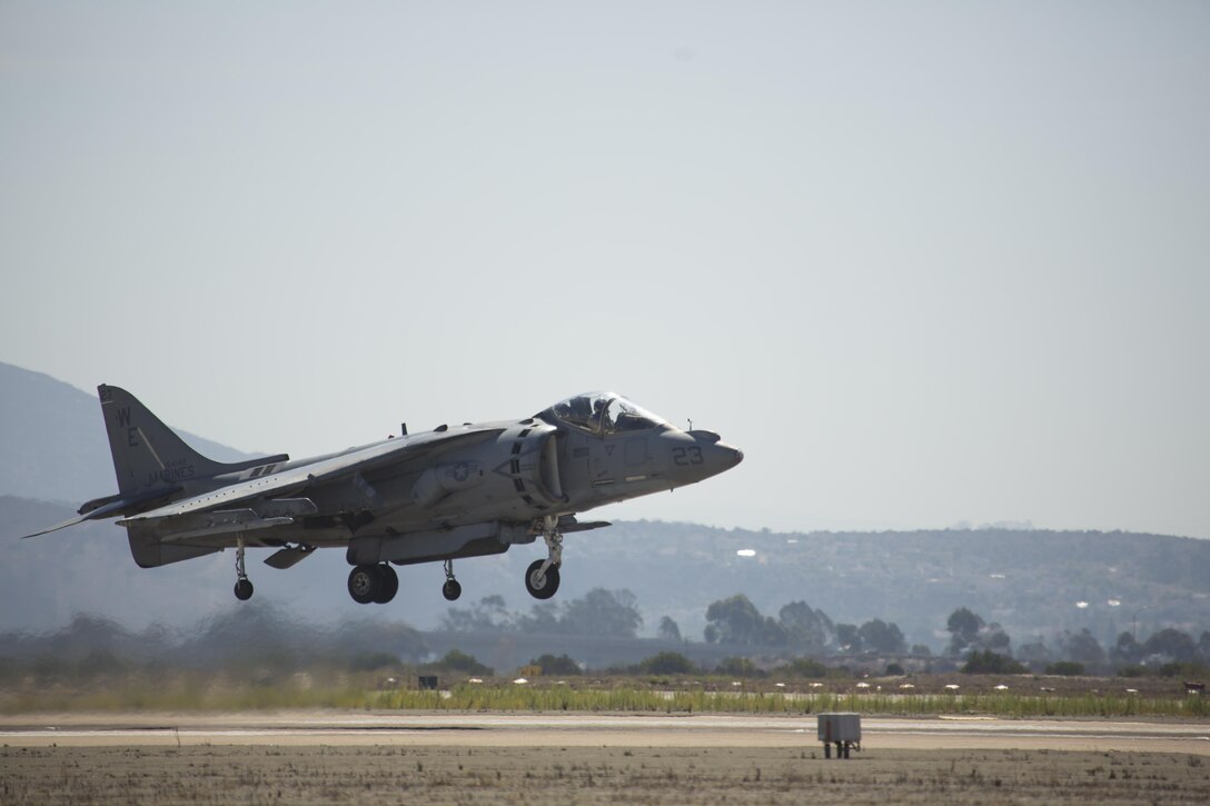 An AV-8B Harrier demonstrates it’s hovering and maneuvering capabilities during the 2016 MCAS Miramar Air Show aboard Marine Corps Air Station Miramar, Calif., Sept. 23. The Harrier also played a role in the Marine Air-Ground Task Force demonstration. The MCAS Miramar Air Show showcases world-class performers, military flight demonstration teams, the capabilities of the Marine Air-Ground Task Force and celebrates Miramar’s longstanding relationship with the local San Diego community. (U.S. Marine Corps photo by Pfc. Liah Kitchen/Released)