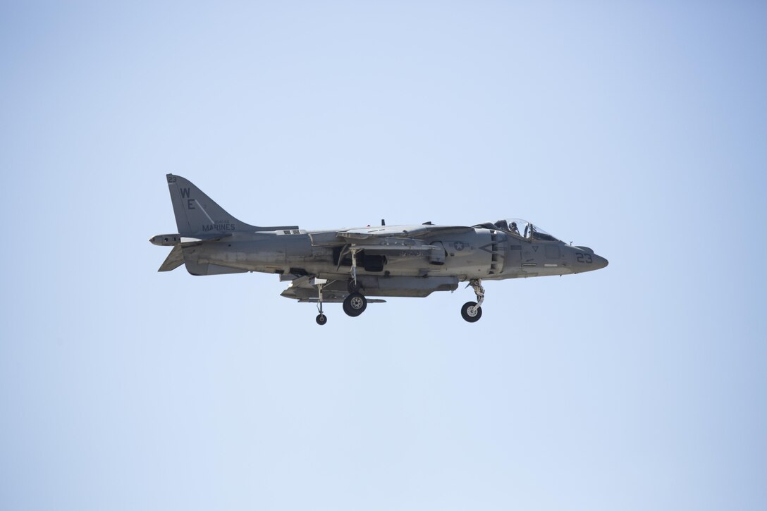 An AV-8B Harrier demonstrates it’s hovering and maneuvering capabilities during the 2016 MCAS Miramar Air Show aboard Marine Corps Air Station Miramar, Calif., Sept. 23. The Harrier also played a role in the Marine Air-Ground Task Force demonstration. The MCAS Miramar Air Show showcases world-class performers, military flight demonstration teams, the capabilities of the Marine Air-Ground Task Force and celebrates Miramar’s longstanding relationship with the local San Diego community. (U.S. Marine Corps photo by Pfc. Liah Kitchen/Released)