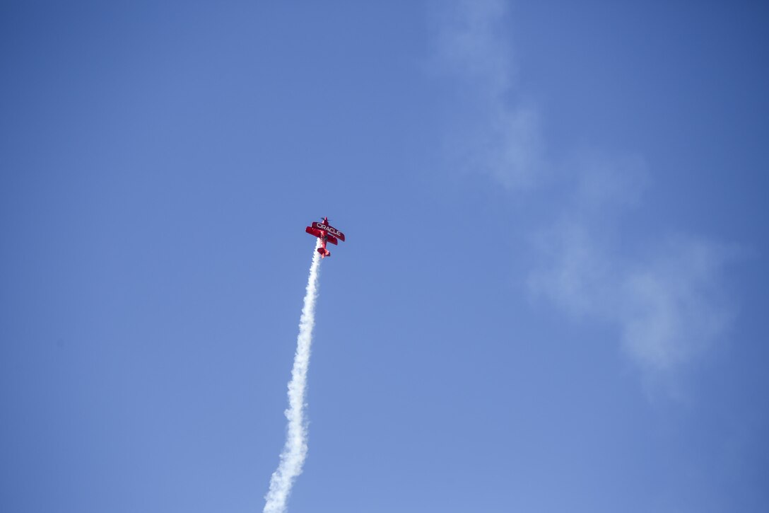 Sean D. Tucker, pilot of the Oracle Challenger, glides above the flight line during the 2016 MCAS Miramar Air Show aboard Marine Corps Air Station Miramar, Calif., Sept. 23. Tucker has flown more than 1,200 performances at over 475 air shows since the 1970s. The MCAS Miramar Air Show showcases world-class performers, military flight demonstration teams, the capabilities of the Marine Air-Ground Task Force and celebrates Miramar’s longstanding relationship with the local San Diego community. (U.S. Marine Corps photo by Pfc. Liah Kitchen/Released)