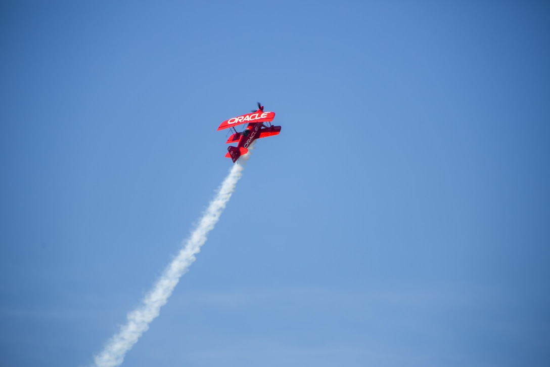 Sean D. Tucker, pilot of the Oracle Challenger, entertains the crowd during the 2016 MCAS Miramar Air Show aboard Marine Corps Air Station Miramar, Calif., Sept. 23. Tucker has flown more than 1,200 performances at over 475 air shows since the 1970s. The MCAS Miramar Air Show showcases world-class performers, military flight demonstration teams, the capabilities of the Marine Air-Ground Task Force and celebrates Miramar’s longstanding relationship with the local San Diego community. (U.S. Marine Corps photo by Pfc. Liah Kitchen/Released)