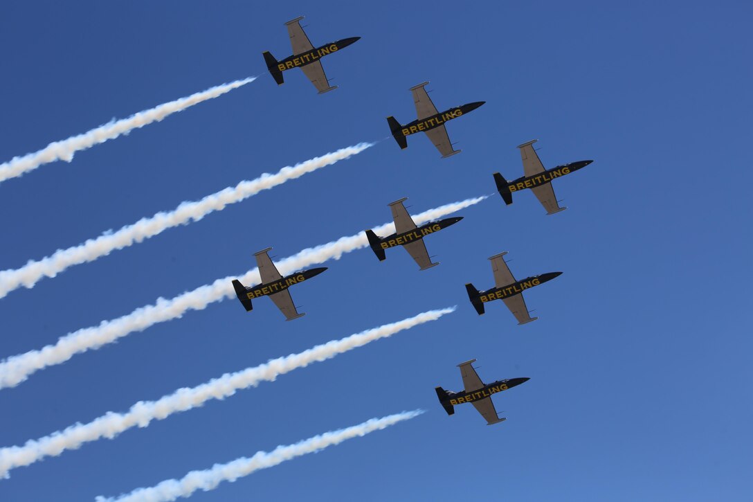 The Breitling Jet Team performs during the 2016 MCAS Miramar Air Show aboard Marine Corps Air Station Miramar, Calif., Sept. 24. Breitling is a European team that performs aerobatic maneuvers in seven L-39C Albatros aircraft. The MCAS Miramar Air Show showcases world-class performers, military flight demonstration teams, the capabilities of the Marine Air-Ground Task Force and celebrates Miramar’s longstanding relationship with the local San Diego community. (U.S. Marine Corps photo by Pfc. Jacob Pruitt/Released)