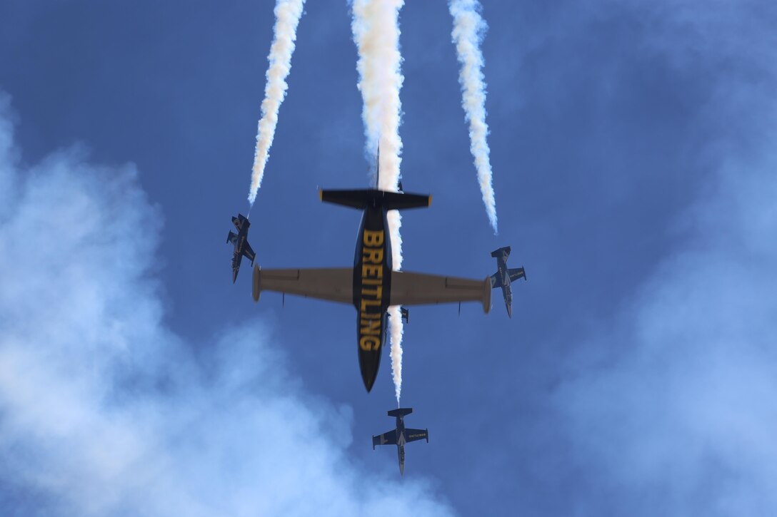The Breitling Jet Team flies over the crowd while performing at the 2016 MCAS Miramar Air Show aboard Marine Corps Air Station Miramar, Calif., Sept. 24. This was the team’s second year performing in the annual air show. The MCAS Miramar Air Show showcases world-class performers, military flight demonstration teams, the capabilities of the Marine Air-Ground Task Force and celebrates Miramar’s longstanding relationship with the local San Diego community. (U.S. Marine Corps photo by Pfc. Jacob Pruitt/Released)