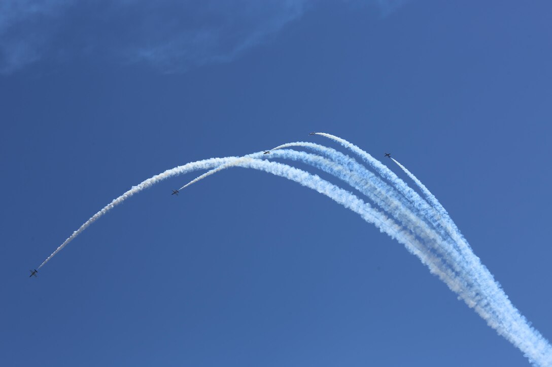 The Breitling Jet Team performs during the 2016 MCAS Miramar Air Show aboard Marine Corps Air Station Miramar, Calif., Sept. 24. Breitling is a European team that performs aerobatic maneuvers in seven L-39C Albatros aircraft. The MCAS Miramar Air Show showcases world-class performers, military flight demonstration teams, the capabilities of the Marine Air-Ground Task Force and celebrates Miramar’s longstanding relationship with the local San Diego community. (U.S. Marine Corps photo by Pfc. Jacob Pruitt/Released)
