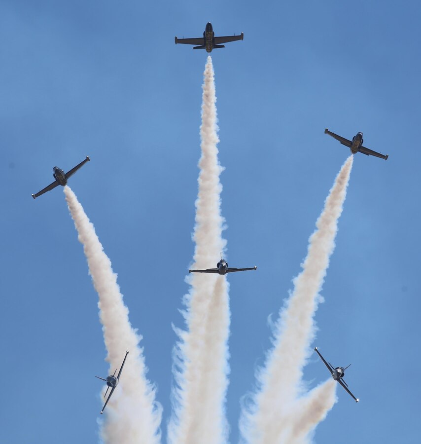 The Breitling Jet Team performs during the 2016 MCAS Miramar Air Show aboard Marine Corps Air Station Miramar, Calif., Sept. 24. Breitling is a European team that performs aerobatic maneuvers in seven L-39C Albatros aircraft. The MCAS Miramar Air Show showcases world-class performers, military flight demonstration teams, the capabilities of the Marine Air-Ground Task Force and celebrates Miramar’s longstanding relationship with the local San Diego community. (U.S. Marine Corps photo by Pfc. Jacob Pruitt/Released)